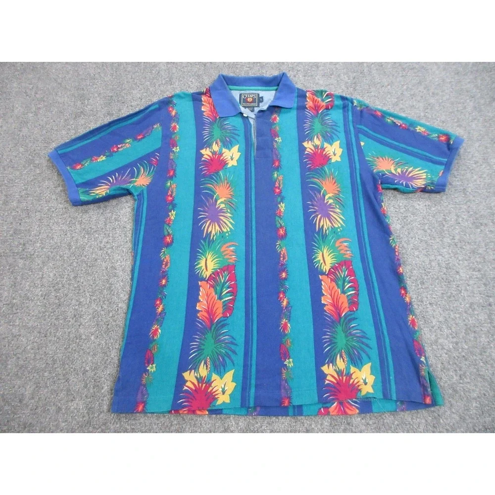 VINTAGE Chaps Ralph Lauren Polo Shirt Mens Large Blue Floral Tropical Rugby